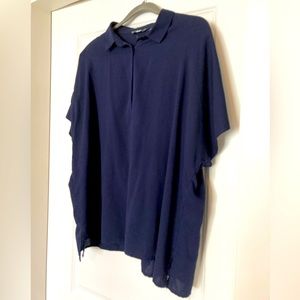 Navy blue button down top from Uniqlo.